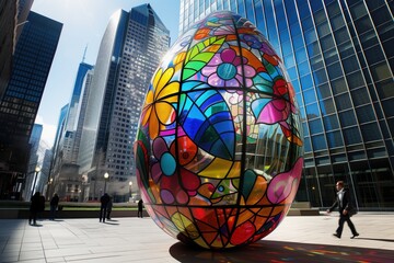 large colorful stained glass Easter egg sculpture stands prominently in a city square, surrounded by skyscrapers and pedestrians.