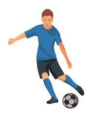 Teenage figure of playing football boy in blue uniform dribbling the ball on the field and going to kick a ball on a white background