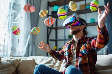 man in a modern living room wears a virtual reality headset, surrounded by brightly colored Easter eggs suspended in the air.