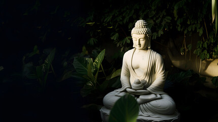 Meditating marble Buddha among green leaves