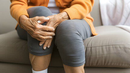 Knee joint pain in elder woman. Concept of osteoarthritis, rheumatoid arthritis or ligament injury