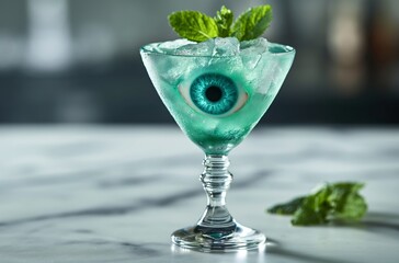 Mint green cocktail with a striking edible eye candy floating among the ice