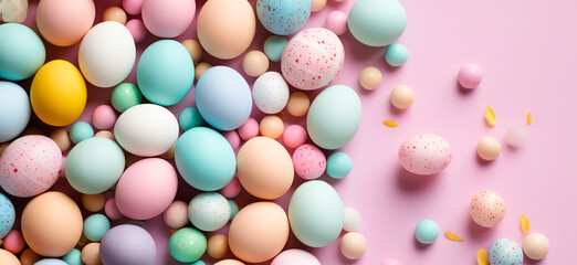 Holiday Easter background of colorful pastel Easter eggs and bunny ears on pink table top view - obrazy, fototapety, plakaty