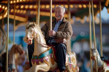 An 80-year-old man smiling while riding on a carousel horse, wearing a jacket and glasses, with a blurred carousel in the background