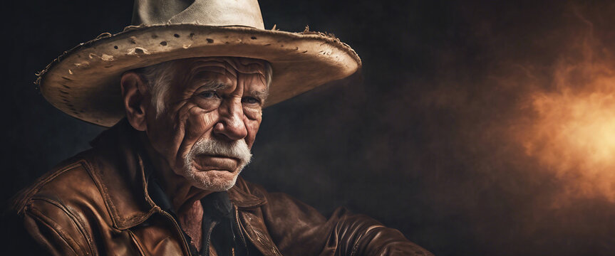 Old cowboy. An elderly man in a cowboy hat. Heroic image of a man. Copy space. AI generated