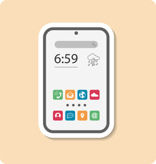 Mobile sticker illustration. Smartphone, screen, books, interface. Editable vector graphic design.