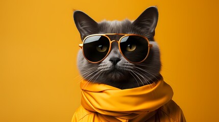 A stylish cat exudes confidence in a chic dress and trendy eyeglasses against a solid bright yellow background. Its modern fashion choices and adorable presence make it a true fashion icon