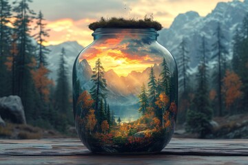 A beautiful forest landscape enclosed in a glass jar. Environmental protection symbol