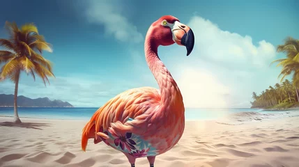 Tuinposter A stylish flamingo rocking a vibrant Hawaiian shirt and sunglasses at the beach ©  ALLAH LOVE