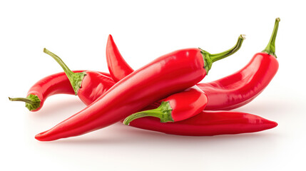 A close-up image showcasing a group of bright red chili peppers, arranged artistically against a white background.