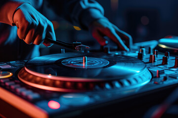 Obraz premium A DJ skillfully manipulates the turntables, immersed in a world of music and lights. The image captures the essence of live music mixing.