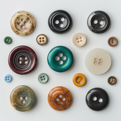 A collection of vintage buttons of various sizes, colors, and designs, neatly arranged against a white background.