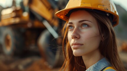 Female construction worker near construction vehicle.