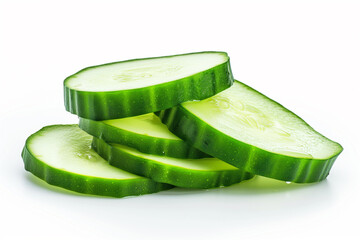 A close-up view of freshly sliced cucumbers, stacked neatly against a clean white background, showcasing their vibrant green color and texture.