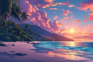 Tropical Sunset Resort: A Flat Illustration

