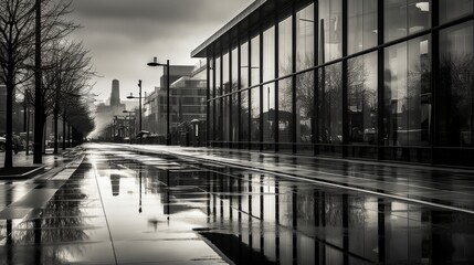 A monochrome urban scene with reflections in glass