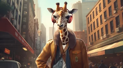 Tuinposter A stylish giraffe wearing a leather jacket, jeans, and trendy sneakers, rocking a pair of wireless headphones on a busy city street ©  ALLAH LOVE
