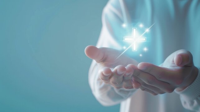 Doctor's hand holding plus icon on blue background. A virtual plus sign means offering something positive, such as benefits, personal development.