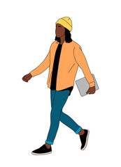 Stylish young man walking side view, holding laptop. Modern guy in smart casual office outfit. Hand drawn outline colored Vector illustration isolated on transparent background.