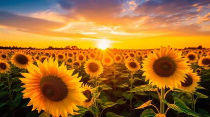 Fototapeta premium A radiant field of sunflowers basking in golden light
