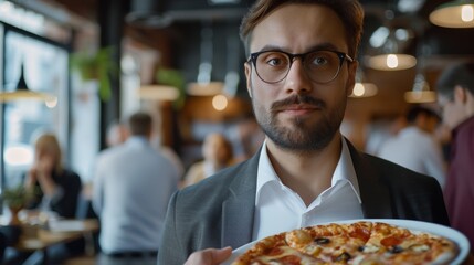 Young businessman holding pizza as food.