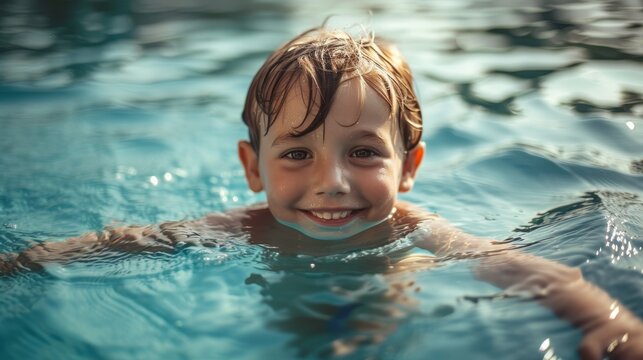 Happy child learning to swim.