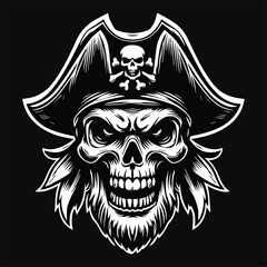 Obraz premium Dark Art Pirates Skull Head with Hat Pirates Black and White Illustration