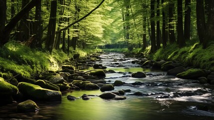 A tranquil forest glade with a gentle stream