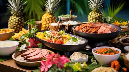 A tropical luau table with hawaiian dishes