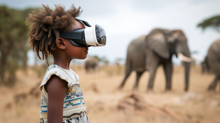 School child wearing virtual reality glasses is studying geography with African wildlife with elephants in his glasses. Concept of the virtual reality in school education