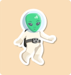 Alien sticker illustration. Green man, stars, ufo, spacesuit. Editable vector graphic design.
