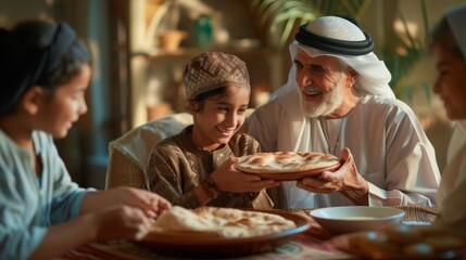 Happy Middle Eastern family shares food at dining table on Ramadan - obrazy, fototapety, plakaty
