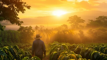 man with hat walking through a coffee field at sunrise
