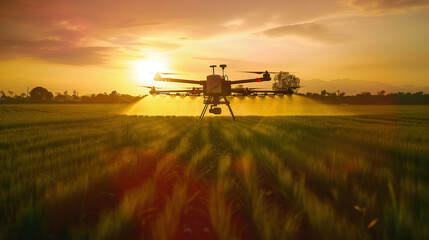 drone spraying pesticides fertilizer on soybean crops farm field
