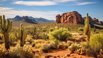 An arid desert landscape with cactus and rock formations