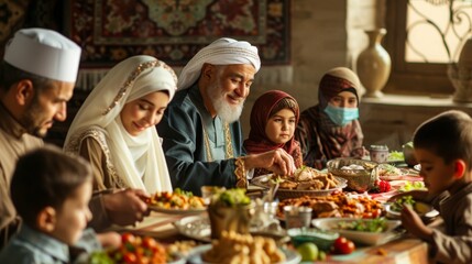 Fototapeta na wymiar Happy Middle Eastern family shares food at dining table on Ramadan