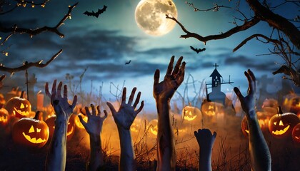 halloween night background of numerous scary zombie hands risen up