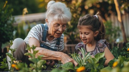 Senior grandmother with granddaughter gardening together in summer