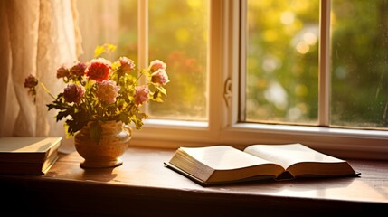 Fototapeta na wymiar An open book on a sunlit windowsill with a view