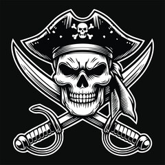 Dark Art Pirates Skull Head with Double Sword Black and White Illustration
