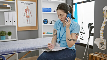 A young woman in clinic attire consults a clipboard while talking on the phone in a rehabilitation room. - Powered by Adobe