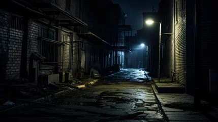 Photo sur Plexiglas Ruelle étroite Dark alleyway with flickering streetlights and ominous shadows
