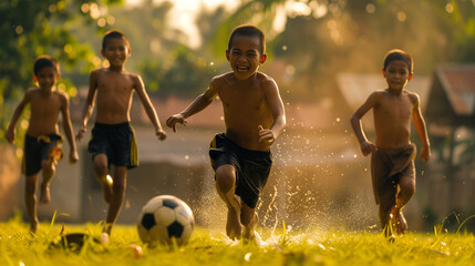 Happy Asian kids playing soccer shirtless on the field in the morning.