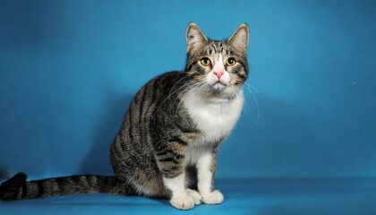 studio shot of a gray and white striped cat sitting on blue background