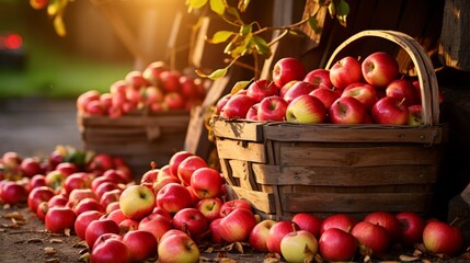Rustic wooden basket filled with fresh red apples