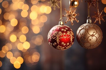 Fototapeta na wymiar Festive christmas ornaments hanging against a bokeh background