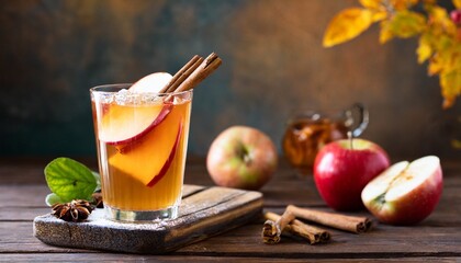 apple cider cocktail with cinnamon and apple traditional autumn and winter drink