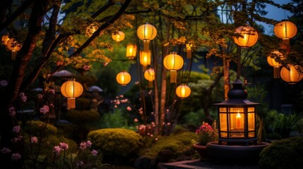 Glowing lanterns illuminating a garden at twilight