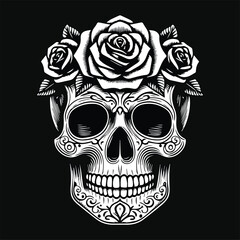 Dark Art Skull Head with Flower Black and White Illustration