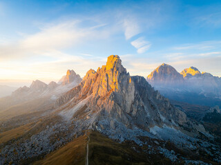 Sunset in Giau Pass, Dolomites, Italy. Aerial view.  - 733154930